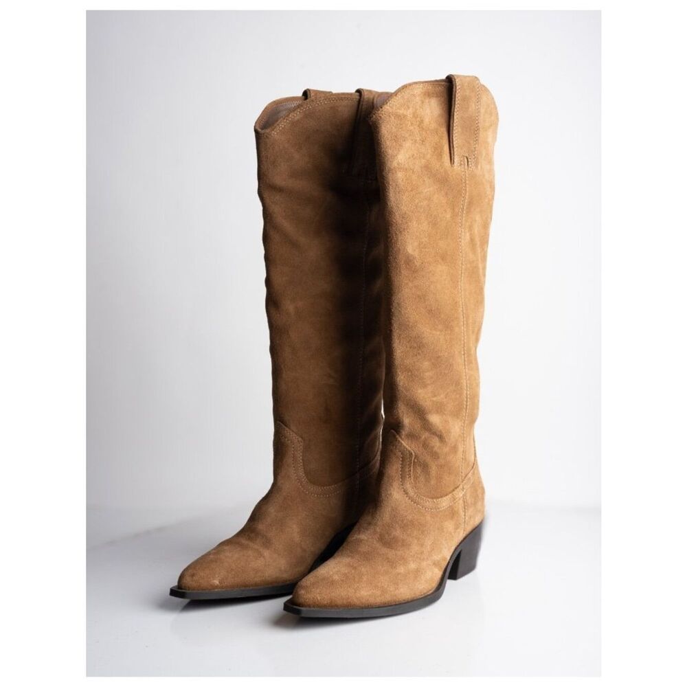 Zara Womens Suede Knee High Western Heeled Boots Brown Sz US 7.5 EU 38 NWD